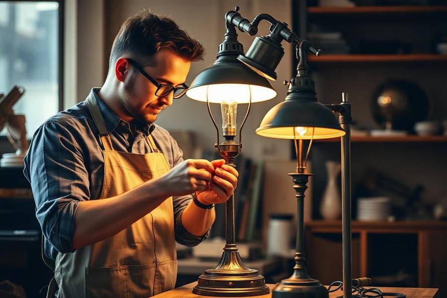 Technician repairing a vintage lamp at the Vaughntero Co. workshop