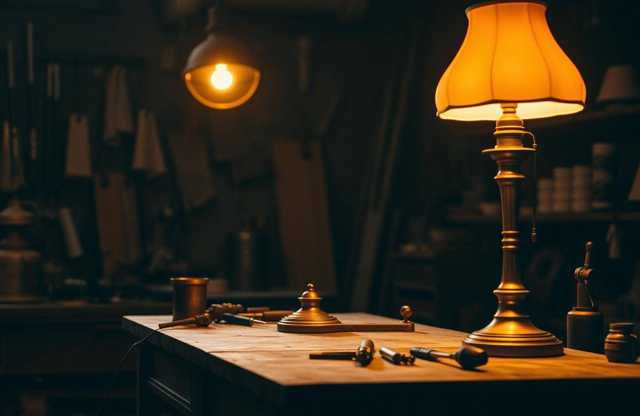 Antique brass lamp glowing in the Vaughntero Co. repair workshop in Peoria, Arizona