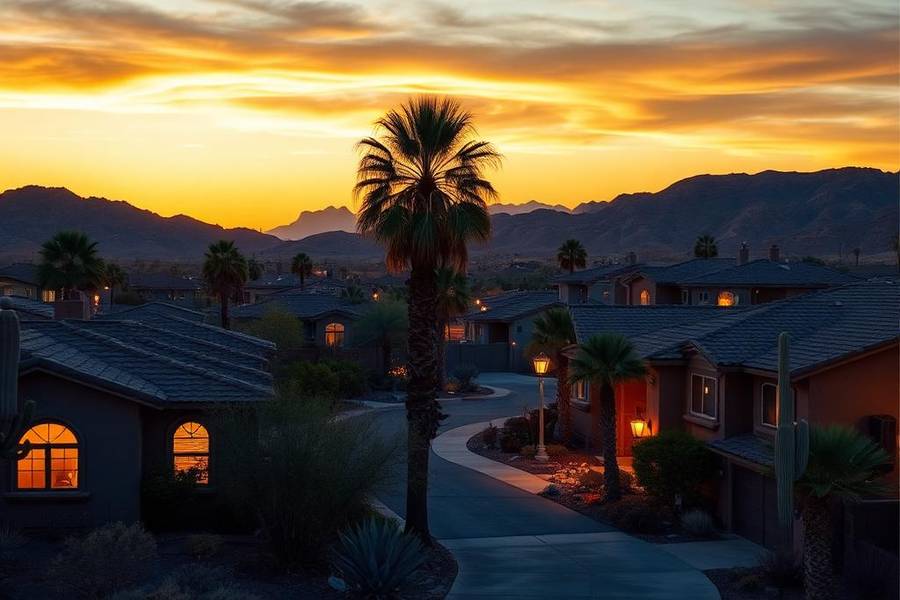 Arizona neighborhood at dusk with warm lamp light in the windows