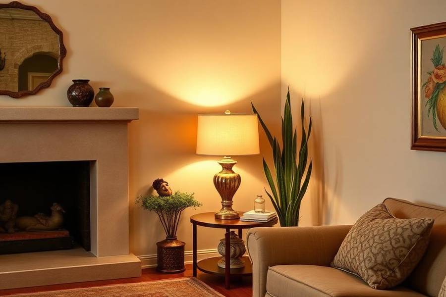 Restored table lamp glowing in an Arizona living room